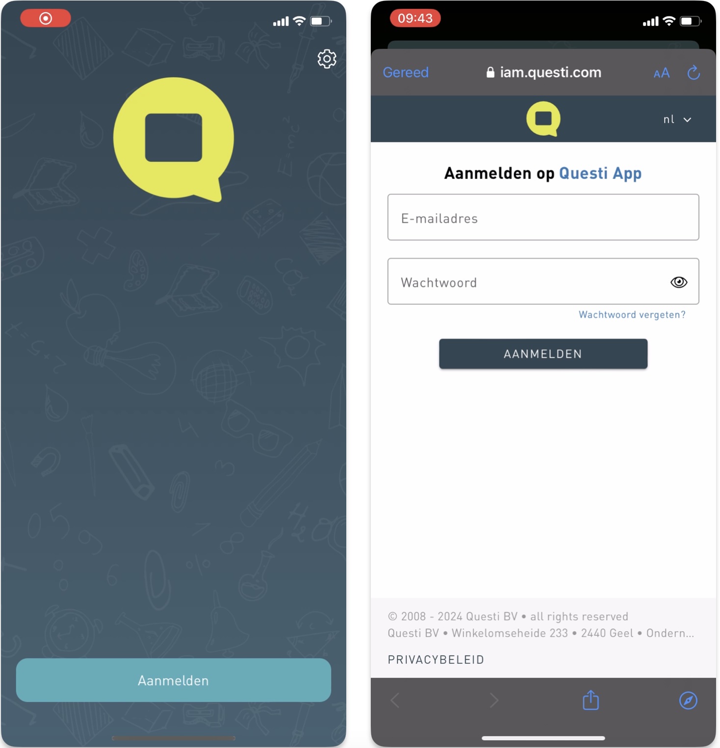 aanmelden Questi app - afbeelding 1 en 2 - beginscherm en mailadres + wachtwoord
