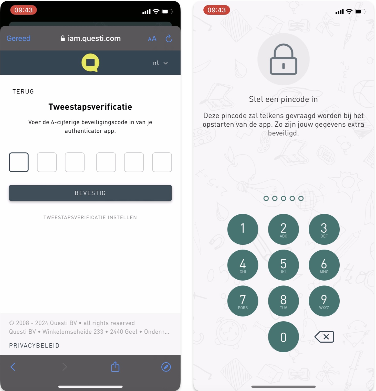 aanmelden Questi app - afbeelding 3 en 4 - tweestapsverificatie en pincode